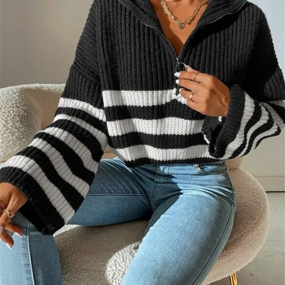 Striped Half Zip Cropped Sweater - Picture 12 of 14